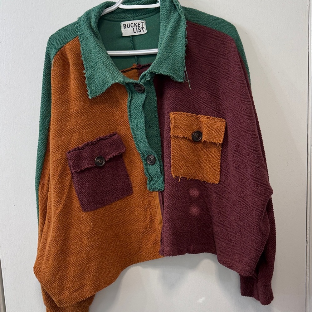 BUCKETLIST Colorblock Button-Down Shirt - Green, Orange, Burgundy